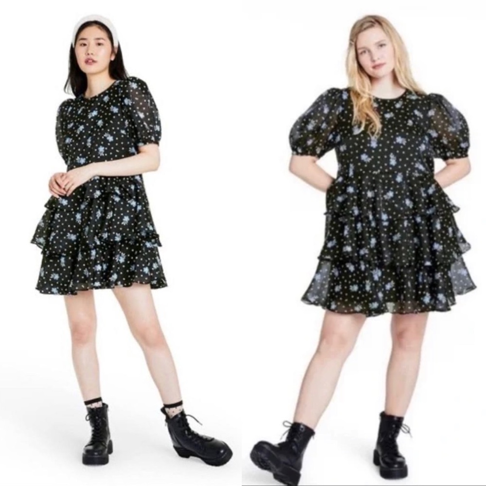 Sandy Liang x Target Black Floral Print Short Sleeve Tiered Ruffle‎ Mini Dress